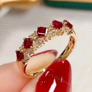 Natural Ruby 3Ct Princess Half Eternity Band Ring 14k Yellow Gold Size 6